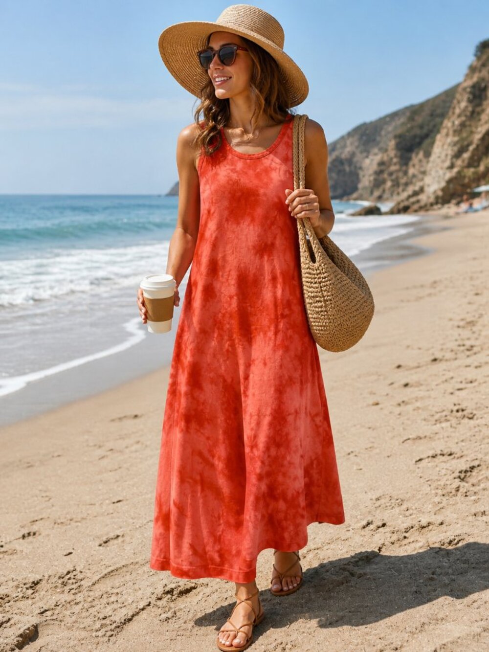 J. Jill Dress Sz M Orange Maxi Cotton Sleeveless Beach Packable Resortwear